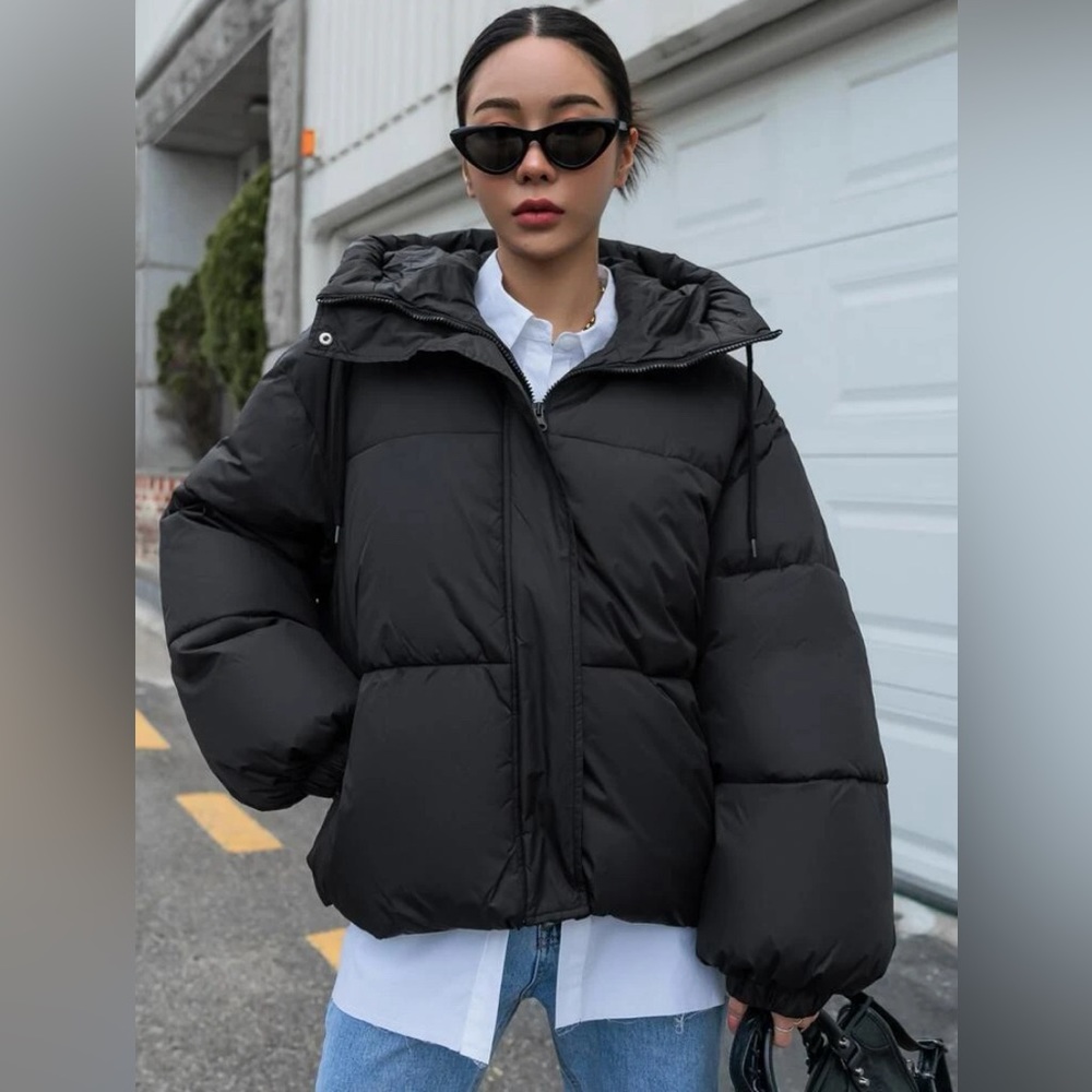 Drop Shoulder Drawstring Hooded Puffer Coat